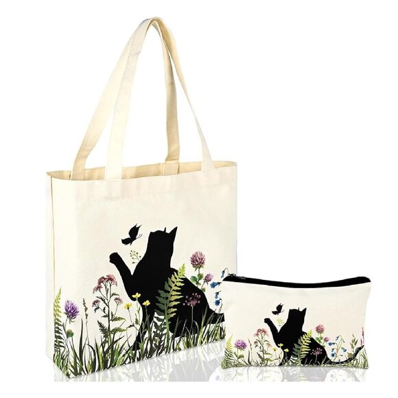 2 Pcs Canvas Tote Bag with Pouch Bag Reusable Grocery Bag Canvas Shopping NEW - Picture 1 of 4